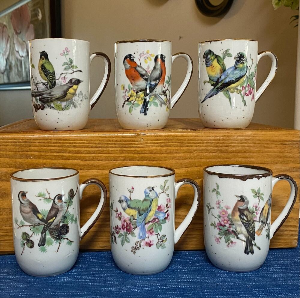 Vintage Set of 6 Ceramic Coffee Cup Mug Birds Floral Branch Brown Speckled Japan
